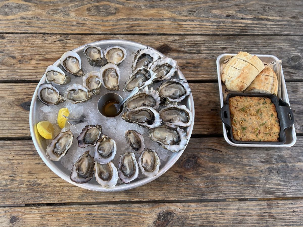 Two dozen raw oysters and smoked salmon brandade at Hama Hama Oyster Saloon