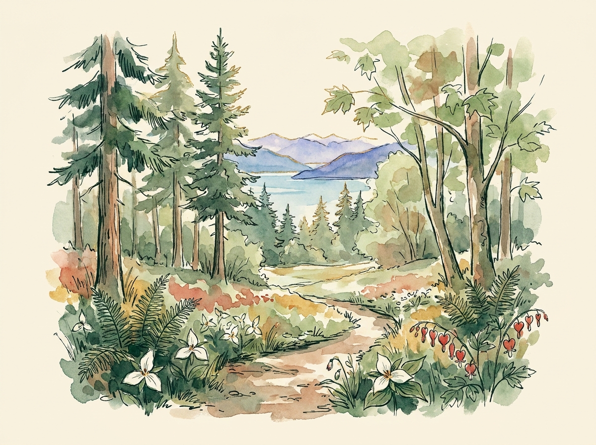 Watercolor illustration of a Pacific Northwest forest trail at Anderson Landing with trillium and bleeding heart in the foreground, Douglas firs framing a view of Hood Canal and the Olympic Mountains.
