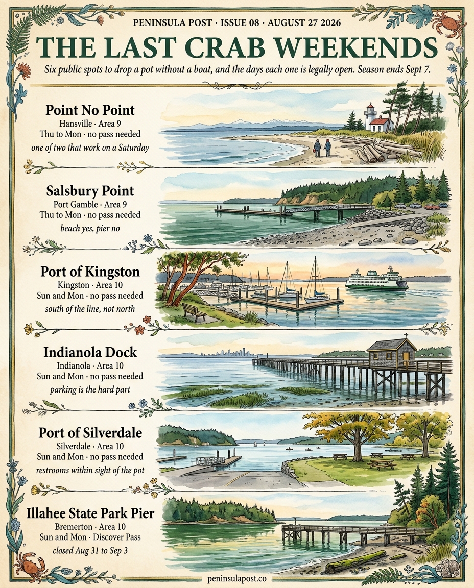 The Last Crab Weekends: six public places to drop a pot without a boat, Point No Point and Salsbury Point on the five-day side of the Apple Cove Point line, then Kingston, Indianola, Silverdale and the Illahee pier on the two-day side, each marked with its marine area and the days that area is legally open.