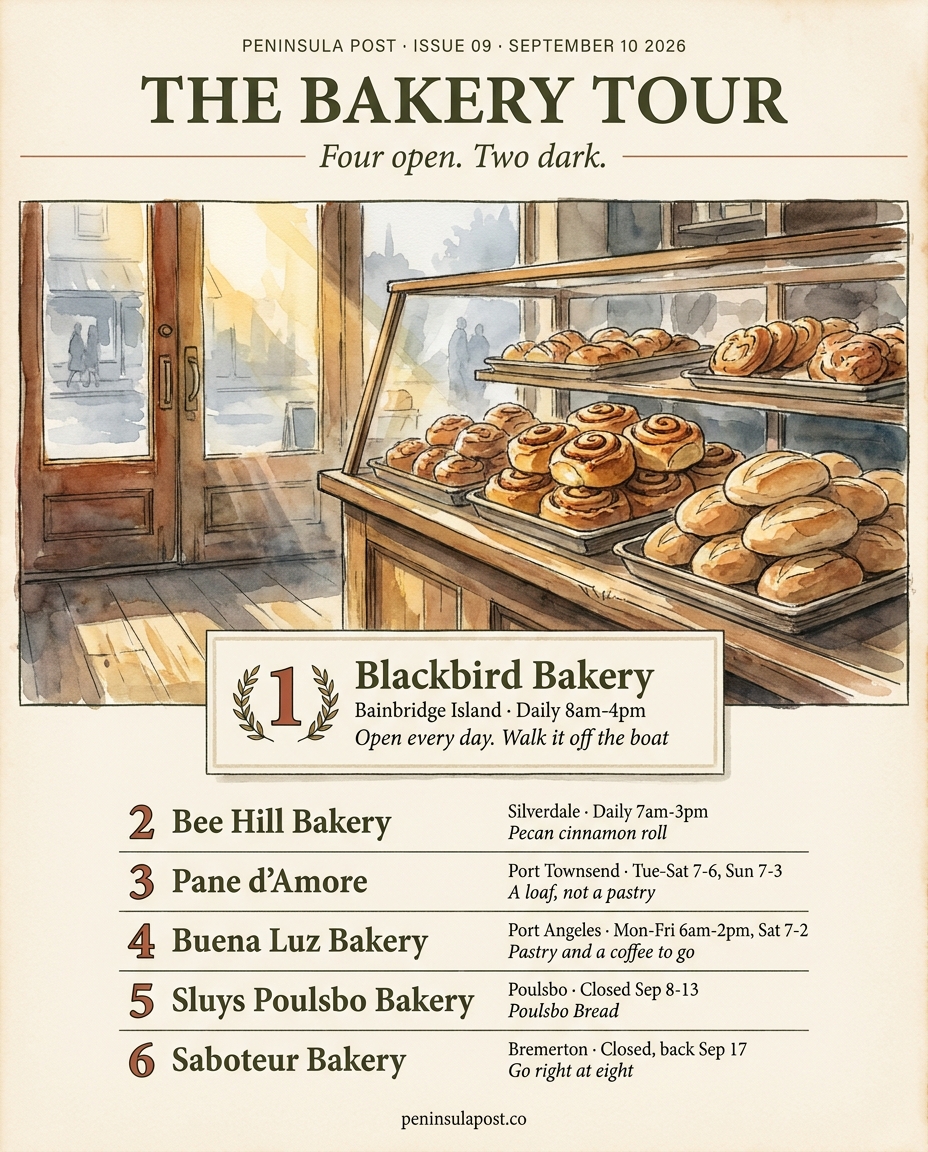 The Bakery Tour: four bakeries open on the peninsula this weekend, Blackbird on Bainbridge, Bee Hill in Silverdale, Pane d'Amore in Port Townsend and Buena Luz in Port Angeles, above the two that are dark, Sluys in Poulsbo until September 14 and Saboteur in Bremerton until September 17.