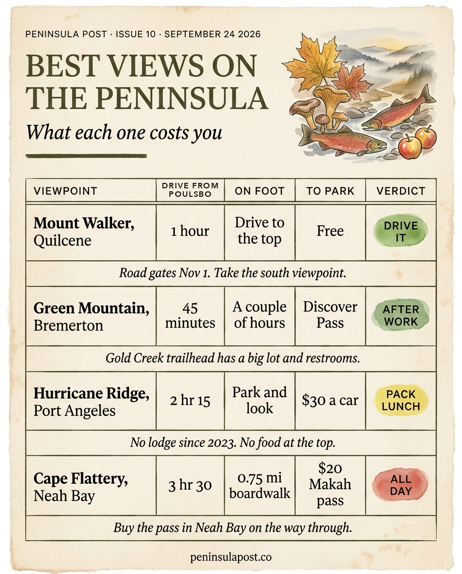 Best Views on the Peninsula: a ruled table of four viewpoints, Mount Walker above Quilcene, Hurricane Ridge above Port Angeles, Green Mountain above Bremerton and Cape Flattery at Neah Bay, with the drive, the walk, the pass each one needs and a verdict chip.